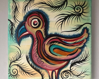 Not Dead Yet - Friend Of A Dodo - Original Oil Painting Fun Wall Art Happy Bright Trippy Colours Small Size 20cm By 20cm