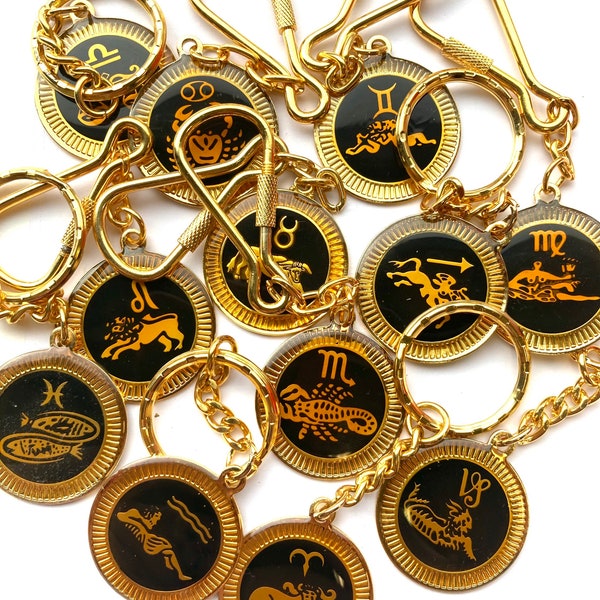 Vintage 1970s Zodiac Star Sign Keyrings Keychains Bag Charms Colour Change Mood Stone Key Ring Thoughtful Birthday Gift Good Luck Charm