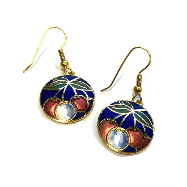 Vintage 90s Cherry Earrings Genuine Cloisonné Enamel Fruit Jewellery Summer Dangly Drop Unusual Design