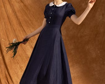 Short Sleeve Linen Dress, Cottagecore Linen Dress, Midi Linen Dress, Evening Retro Dress, Peter Pan Collar Dress, Linen Dress for Women