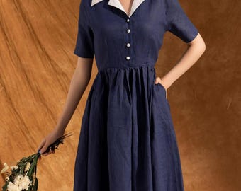 Short Sleeve Linen Dress, Cottagecore Linen Dress, Midi Linen Dress, Evening Retro Dress, Linen Collar Dress, Linen Dress for Women