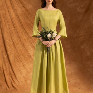 ALICE - Robe midi en lin à encolure bateau | Robe élégante pour cérémonie | Robe d'invité de réception de mariage | Robe en lin avec poches| Vêtements en lin image 2