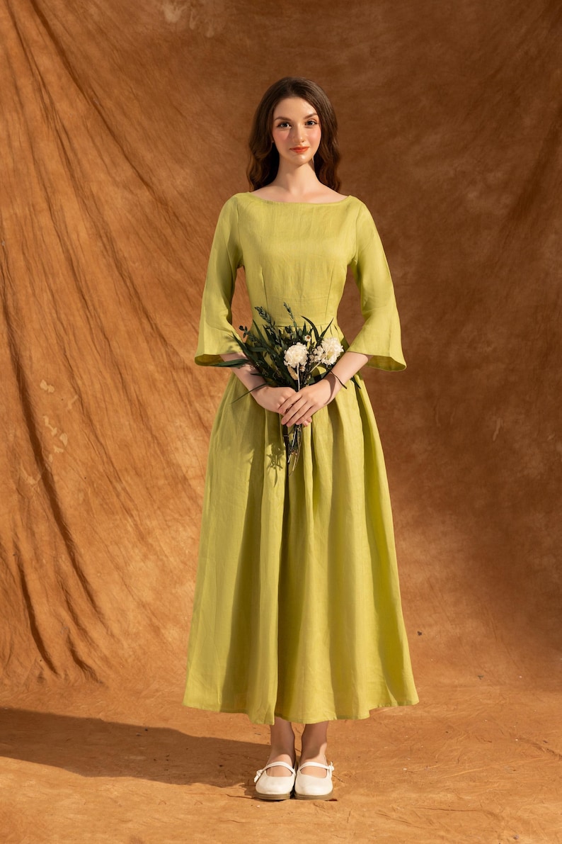 ALICE - Robe midi en lin à encolure bateau | Robe élégante pour cérémonie | Robe d'invité de réception de mariage | Robe en lin avec poches| Vêtements en lin image 2