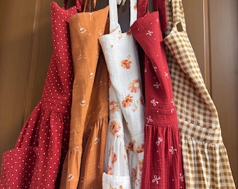 Muslinförkläde med dubbel gasväv och ficka, redo att skickas, handgjort förkläde, inflyttningspresent, köksförkläde, blomsterträdgårdsförkläde, present till mamma