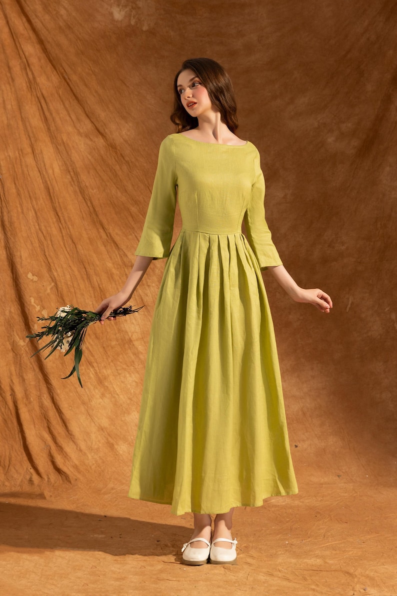 ALICE - Robe midi en lin à encolure bateau | Robe élégante pour cérémonie | Robe d'invité de réception de mariage | Robe en lin avec poches| Vêtements en lin image 3