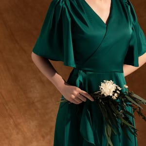 Dark Green Silk Wrap Dress | Maxi Evening Gown | Bridesmaid | Wedding Guest Dress | Silk Dress | Satin Dress | Wedding Dress