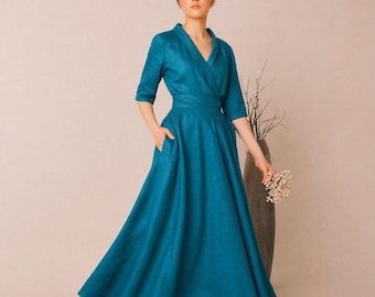 AURERUM Abito a portafoglio in lino con collo a scialle e tasca / Abito midi in lino / Abito da invitata a un matrimonio / Abbigliamento fatto a mano / Abito invernale/autunnale