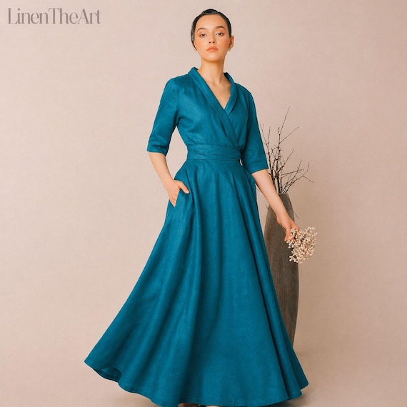 AURERUM Linen Wrap Dress Shawl Collar Dress And Pocket | Linen Midi Dress | Wedding Guest Dress | Handmade Clothing | Winter Autumn Dress