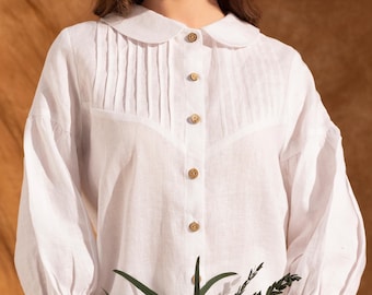 Womens 3/4 Sleeve Linen Shirt | Peter Pan Collar Linen Blouse | Retro-Inspired Casual Top | Classic Women Shirts | Plus Size Linen Shirt
