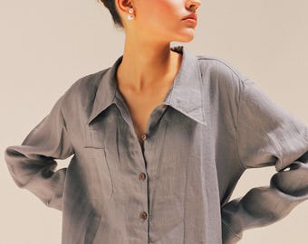 IVY Linen Shirt | Puffy Sleeves Shirt | Linen Blouse For Women | Button Up Sleeves | Linen Colar Shirt For Her | Plus Size Linen Clothing