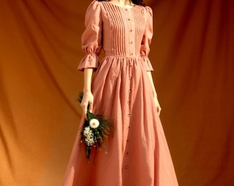 PEONY Linen Vintage Maxi Dress| Custom Pleated Button Gown| Elopement Engagement Party Outfit| Wedding Guest Dress| Plus Size Linen Clothing