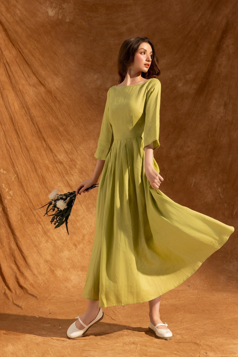 ALICE - Robe midi en lin à encolure bateau | Robe élégante pour cérémonie | Robe d'invité de réception de mariage | Robe en lin avec poches| Vêtements en lin image 5