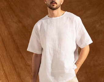 Mens Linen T-Shirt – Mens Summer T-Shirt - White Linen T-Shirt - Natural Fabric Shirt – Men Linen Resort Wear  - Mens Linen Clothing