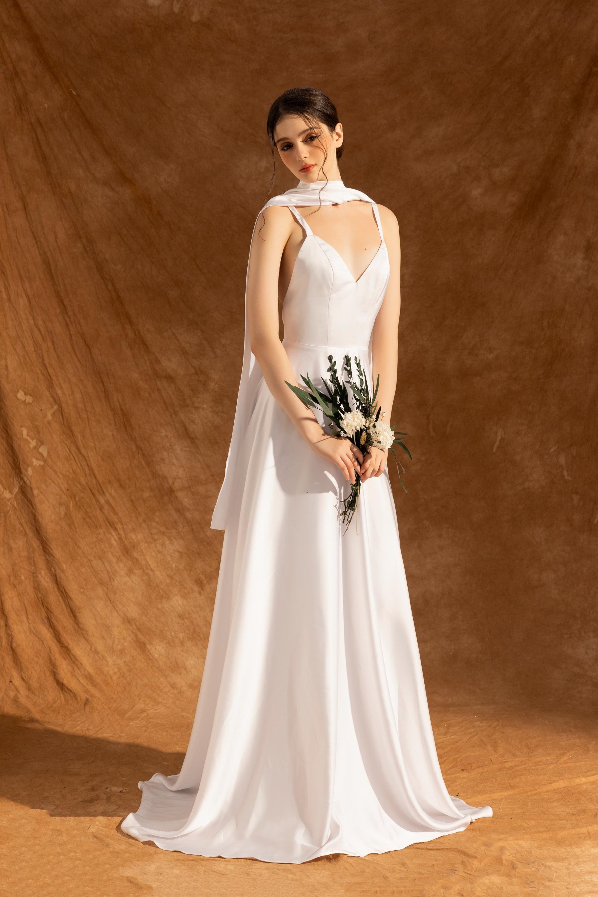 silk elopement dress VALENCIA Silk Open Back Scarf Bridal Gown