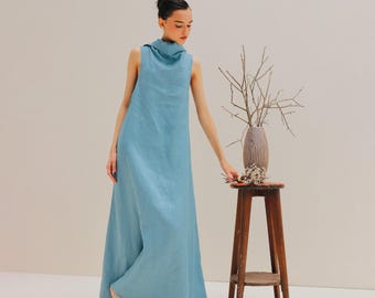 LILY Linen Elopement Dress | Rehearsal Dinner Dress For Bride | Wedding guest dress | Sleeveless Linen Dress Turtleneck | Plus Size Linen