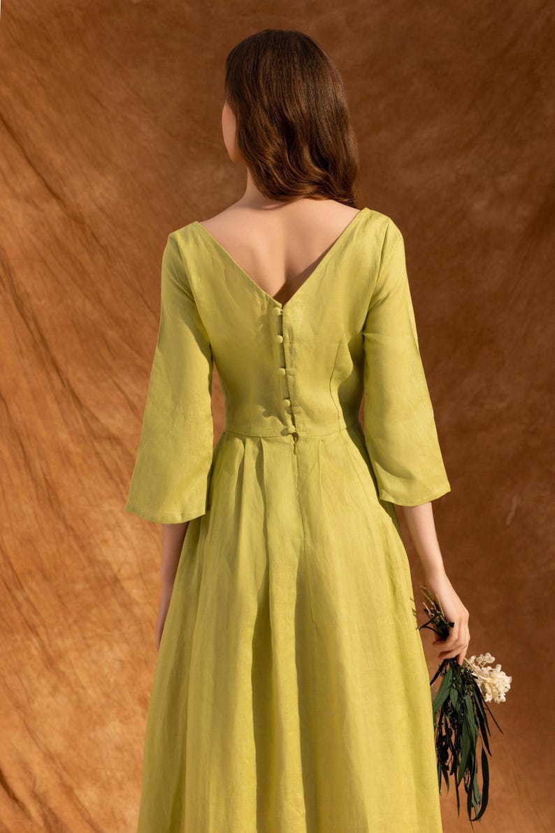 ALICE - Robe midi en lin à encolure bateau | Robe élégante pour cérémonie | Robe d'invité de réception de mariage | Robe en lin avec poches| Vêtements en lin image 1