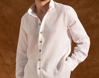Mens Linen Shirt – Mens Summer Shirt - White Linen Shirt - Natural Fabric Shirt – Men Linen Resort Wear  - Mens Linen Button Up Shirt