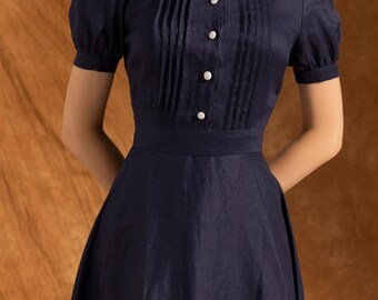 Short Sleeve Linen Dress, Cottagecore Linen Dress, Midi Linen Dress, Evening Retro Dress, Peter Pan Collar Dress, Linen Dress for Women