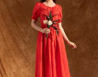 POPPY Linen Ruffle Boho Midi Dress | Custom Vintage Beach Dress | Romantic Elopement Dress | Civil Ceremony | Minimalist Wedding Reception