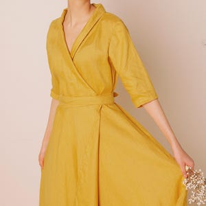 AURERUM Linen Wrap Dress Shawl Collar Dress And Pocket | Linen Midi Dress | Wedding Guest Dress | Handmade Clothing | Winter Autumn Dress image 5