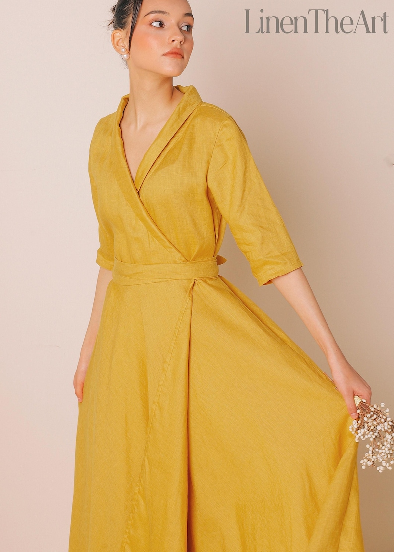 AURERUM Linen Wrap Dress Shawl Collar Dress And Pocket | Linen Midi Dress | Wedding Guest Dress | Handmade Clothing | Winter Autumn Dress image 5