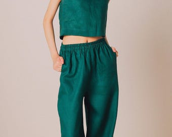 Women Linen Suit Set CHARM | Wide Leg Palazzo pants | Sleeveless Crop Top | Two Way Top | Linen Two-Piece Summer Set | 100%  Linen clothing