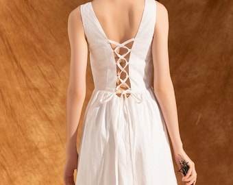 Tie Back Summer Linen Dress LALA  | 100% Pure Linen Dress| Womans Linen Dress with Pockets| Natural Linen Summer Dress | Linen Clothing