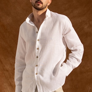 Mens Linen Shirt – Mens Summer Shirt - White Linen Shirt - Natural Fabric Shirt – Men Linen Resort Wear  - Mens Linen Button Up Shirt