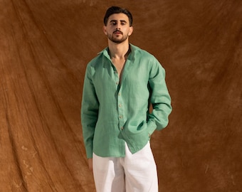 NOVA Mens Linen Shirt – Mens Summer Shirt - White Linen Shirt - Natural Fabric Shirt – Men Linen Resort Wear  - Mens Linen Button Up Shirt