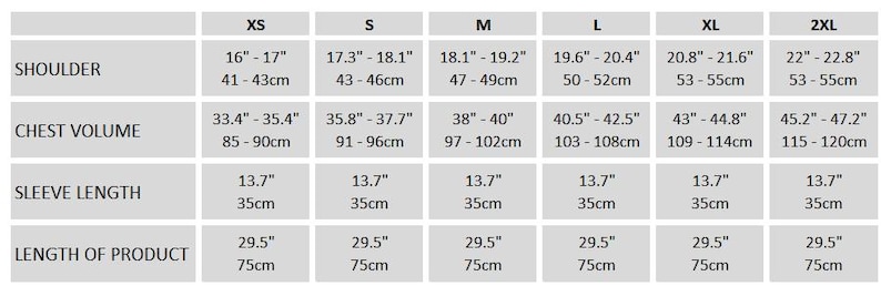 a table with various measurements and sizes for different clothing items such as shoulder, chest volume, sleeve length, and the length of the product.