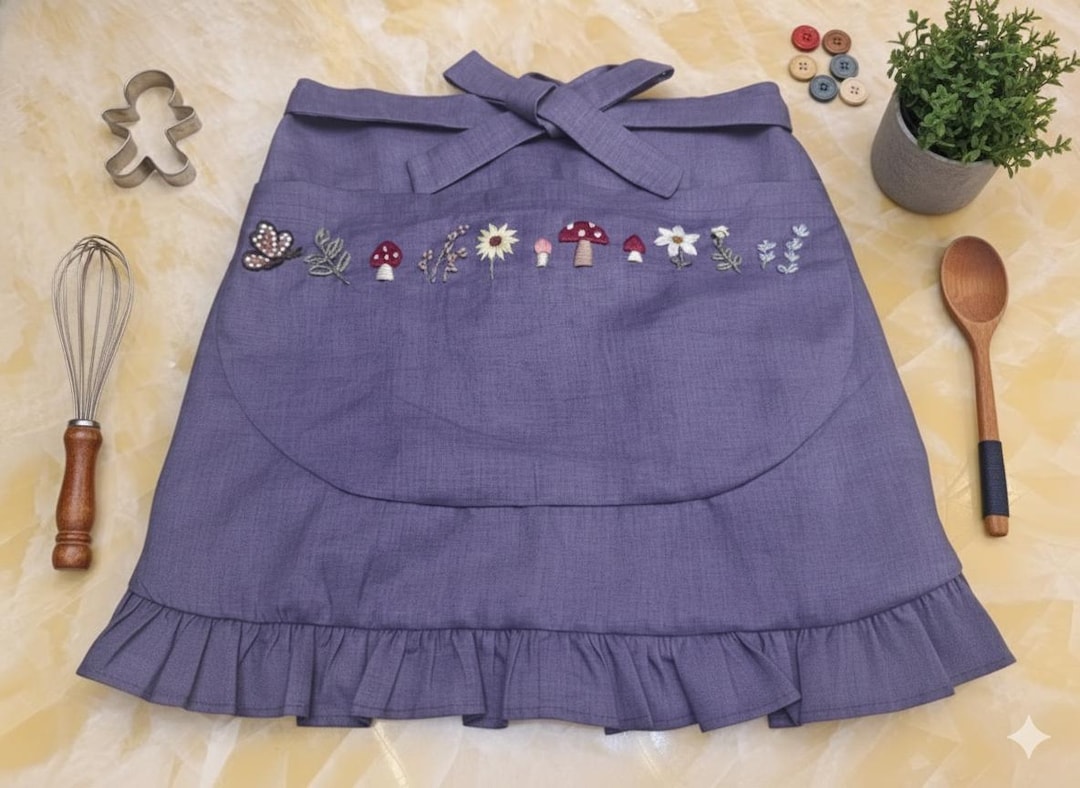 100% Natural Linen Half Apron With Ruffles and Pocket, Rustic Kitchen ...