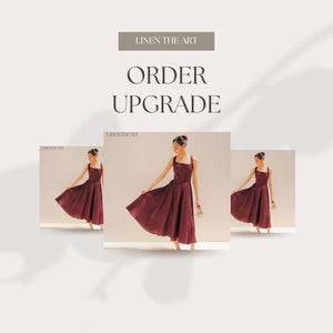 May include: Three photographs of a woman wearing a burgundy linen dress with a square neckline and thin straps. The dress has a full skirt and the woman is holding a small bouquet of flowers in her hand. The text "LINEN THE ART" is visible at the top of the image.