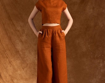Linen Two-Piece Summer Set – Boat Neck Top and Wide Leg Palazzo Pants – Women Two-Piece set pants - Women Linen Suit Set