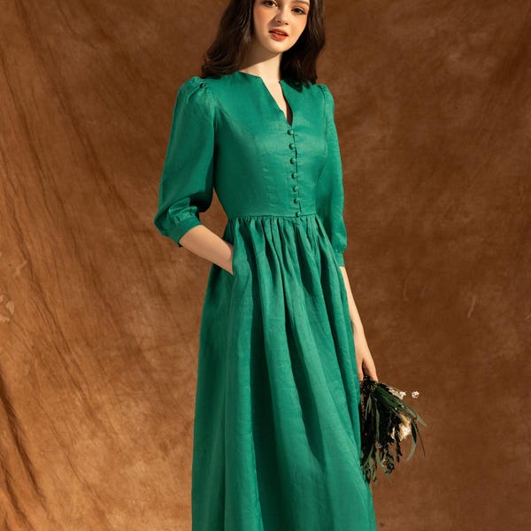 Linen V-neck Dress LYA| Womans Linen Dress | Minimalist Midi Dress | Linen Dress with Pockets| Natural Linen Summer Dress | Linen Clothing