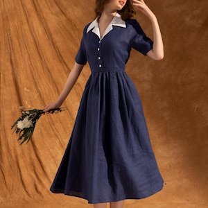 Kurzarm Leinen Kleid, Cottagecore Leinen Kleid, Midi Leinen Kleid, Abend Retro Kleid, Kleid mit Leinenkragen, Kleid für Frauen