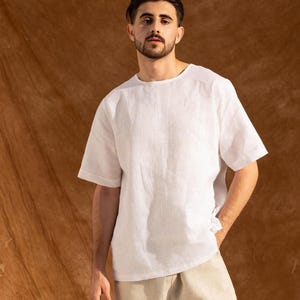 Mens Linen T-Shirt – Mens Summer T-Shirt - White Linen T-Shirt - Natural Fabric Shirt – Men Linen Resort Wear  - Mens Linen Clothing