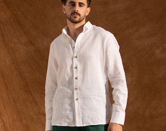 HAVEN Mens Linen Shirt – Mens Summer Shirt - White Linen Shirt - Natural Fabric Shirt – Men Linen Resort Wear  - Mens Linen Button Up Shirt