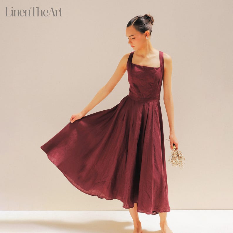 Vestido de lino tipo delantal BREEZE / Vestido delantal con espalda cruzada / Vestido midi de lino / Vestido multiusos para mujer / Ropa de lino de tallas grandes imagen 1