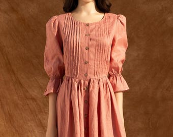 PEONY Linen Vintage Maxi Dress| Custom Pleated Button Gown| Elopement Engagement Party Outfit| Wedding Guest Dress| Plus Size Linen Clothing