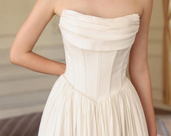 ETHEREA Off Shoulder Linen Wedding Dress, White Basque Waist Bridal Gown, Linen Corset Wedding Dress, A-Line Floor Length Bridal Dress