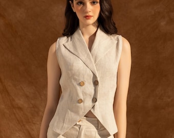 May include: A beige linen vest with a double-breasted design and wooden buttons. The vest is sleeveless and paired with matching beige pants. The outfit is made of a lightweight fabric, suitable for warm weather.