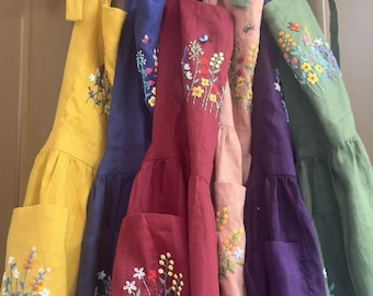 100% Linen Hand Embroidered Apron Women, Personalized Apron, Flower Garden Apron, Linen Apron, Gardening Apron, Kitchen Apron