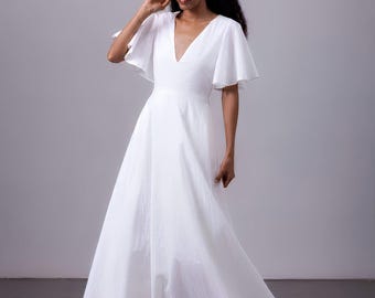 AUREN Linen Maxi Deep V-Neck A-Line Linen Dress, Flutter Sleeve Wedding Dress, Rehearsal Dinner Dress, Bridesmaid Dress, Wedding Guest Dress