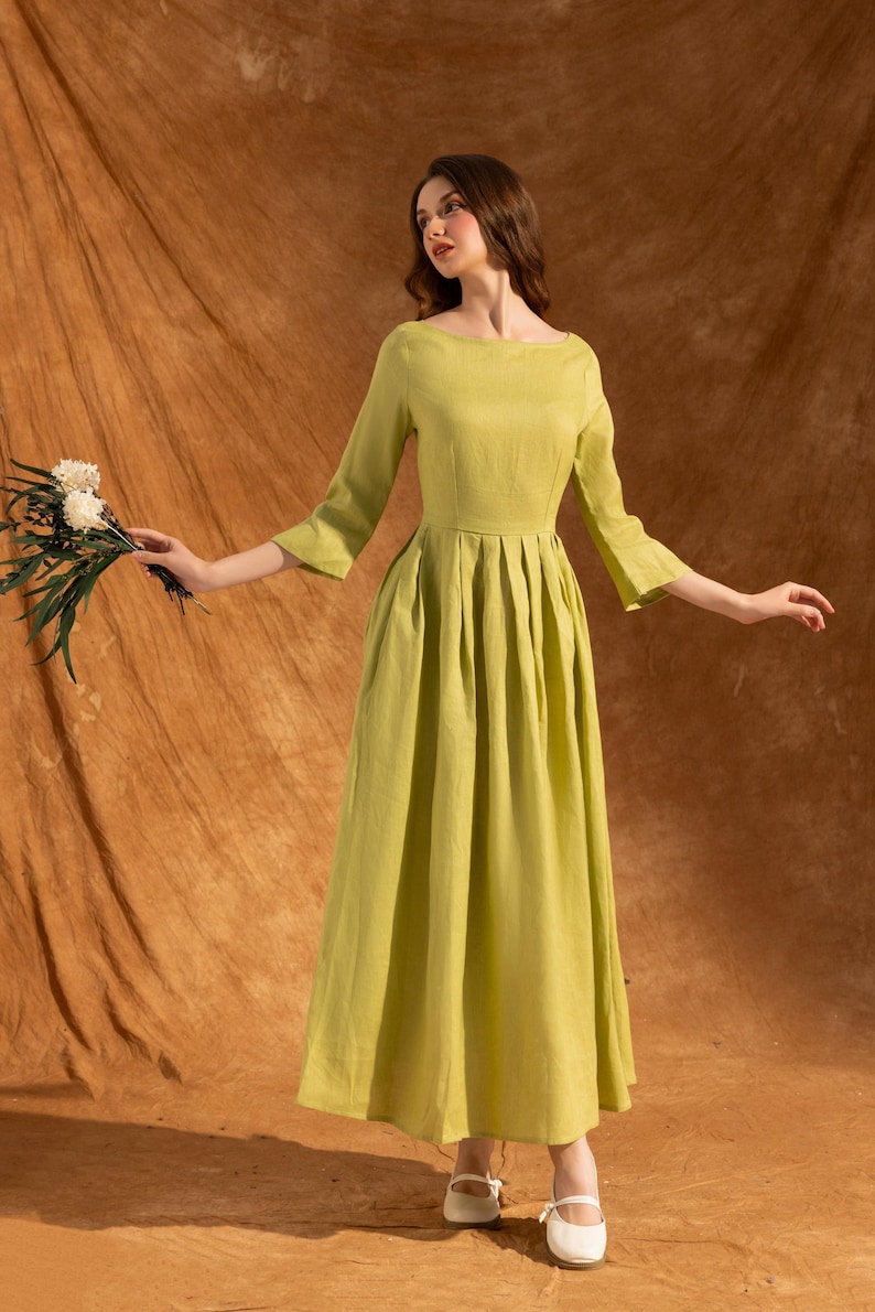ALICE - Robe midi en lin à encolure bateau | Robe élégante pour cérémonie | Robe d'invité de réception de mariage | Robe en lin avec poches| Vêtements en lin image 4