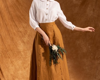 SIENNA Linen Country Style Buttoned Skirt | Vintage Bottom | Custom Pleated A-line Skirt| Midi Garden Party Skirt| Maxi Wedding Guest Outfit