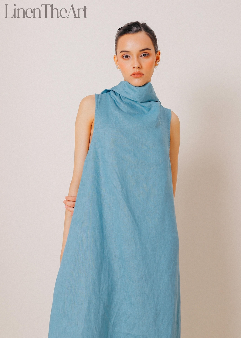 LILY Linen Elopement Dress | Rehearsal Dinner Dress For Bride | Wedding guest dress | Sleeveless Linen Dress Turtleneck | Plus Size Linen immagine 3