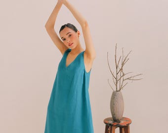 AMOR Linen V-Neck Dress With Pocket | Linen Maxi Dress For Women| Linen Summer Clothing| Linen Sundress| Plus Size Linen Dress | Linen Dress