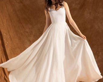 VIVIENNE Linen Beach Wedding Dress, White Linen Slip Dress, Spaghetti Strap Bridal Gown, Full Skirt Wedding Gown, Custom Elopement Dress
