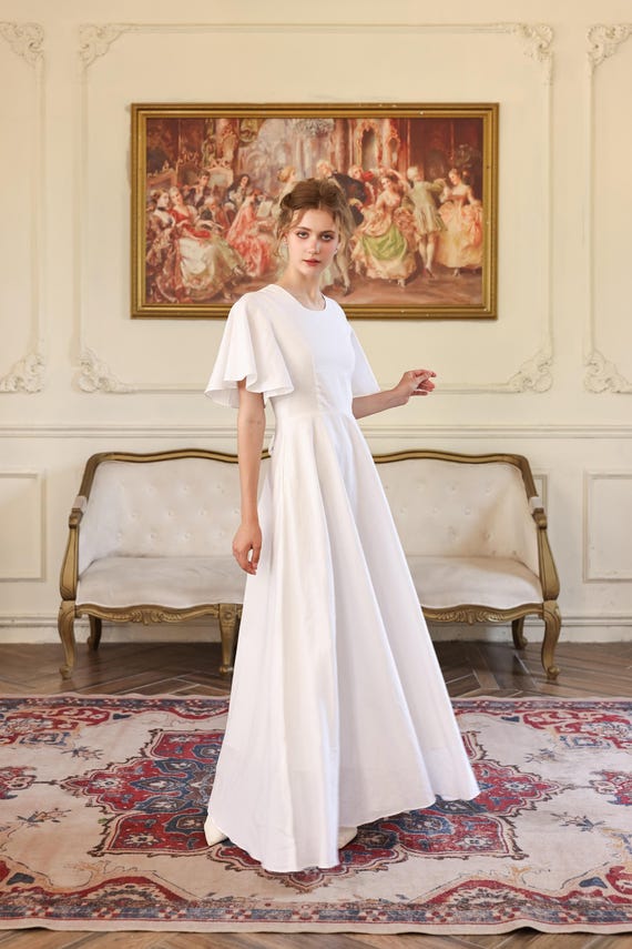 a line silhouette dress SOLENNE A-line With Round Neck Linen | Short Flutter sleeve | Rehearsal Long Dress | Women Party Dress | Casual Dress Wedding dresses