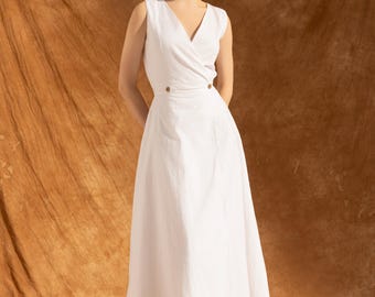 KATE Linen Wrap V-neck Dress | Elegant Minimalist Midi Dress | Simple Prom Dress| Garden Party Celebration Dress| Casual Elopement Dress